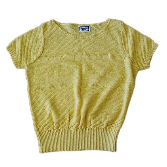 Vintage Sweater Butter Yellow Textured Knit Short Sleeve Womens Medium Old Money - Picture 1 of 6